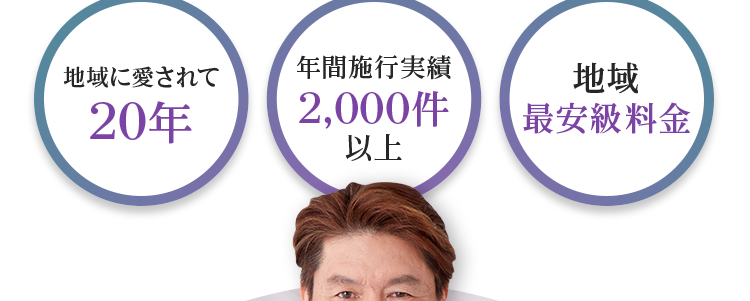 大切な人だからこそ
故人らしい葬儀で
温かく見送りたい
地域に愛されて
年間施行実績
地域
20年
2,000件
最安級料金
以上
全互協葬儀品質認定
5つ星獲得