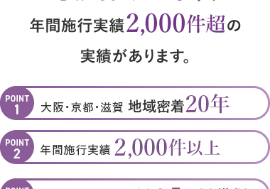 POINT
1
家族葬のいまそう会館は
地域に愛されて20年、
年間施行実績 2,000件超の
実績があります。
| 大阪・京都・滋賀 地域密着20年
POINT
2 年間施行実績 2,000件以上
POINT
3 全互協葬儀品質認定 最高5つ星獲得
現代の時代の家族葬
現代葬 家族葬のいまそう会館
いまそう